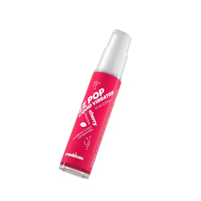 Frasco plástico pequeno vermelho com tampa branca e texto branco 'EZ POP LIQUID VIBRATOR 10 ml' em fundo branco