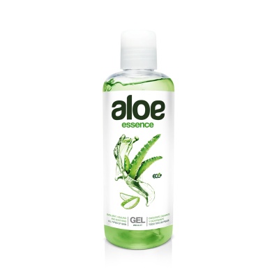 Frasco de gel de aloe vera verde com rótulo branco e tampa branca
