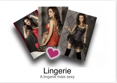 Três fotografias de mulheres em lingerie com texto promocional em português.