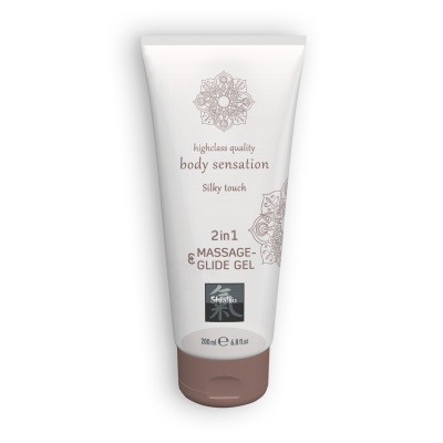 Frasco de gel massageador branco com tampa marrom e texto em inglês.