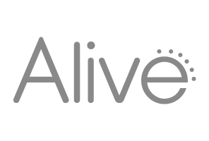 Logótipo da marca Alive em cinzento com fundo branco