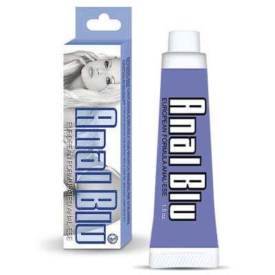 Tubo azul e branco e embalagem da marca AnalBlu com texto e foto em preto e branco de mulher