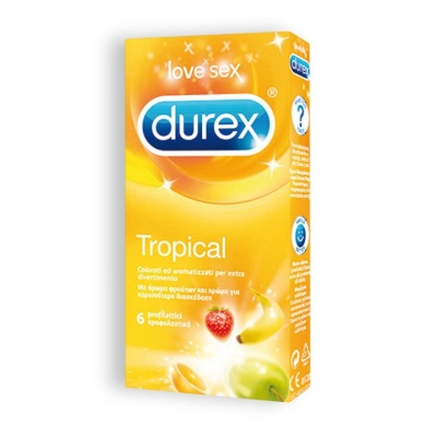 Caixa amarela de preservativos Durex Tropical com frutas e texto multilingue