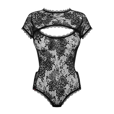 Body feminino transparente de renda preta com padrão floral e manga curta
