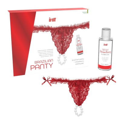 Conjunto de lingerie vermelha com tanga de renda e gel deslizante em embalagem vermelha e branca