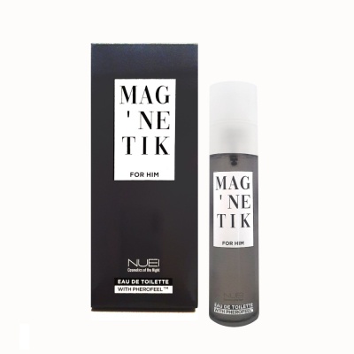 Frasco e embalagem de Eau de Toilette MAGNETIK FOR HIM pretos e brancos