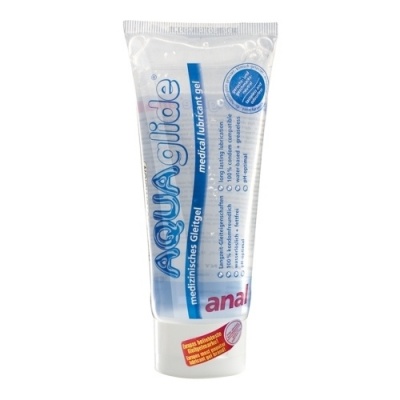 Frasco de gel lubrificante médico AQUAglide azul e branco