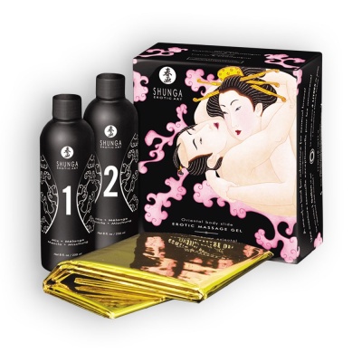 Conjunto Shunga com dois frascos pretos numerados e embalagem com ilustração de casal oriental