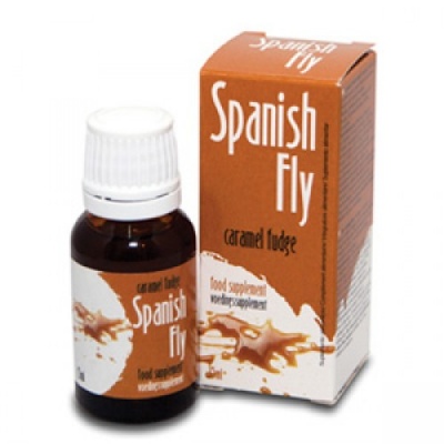 Frasco de suplemento alimentar Spanish Fly com embalagem castanha e branca