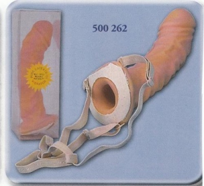 Dildo cor de pele com arnês branco ajustável junto a caixa do produto