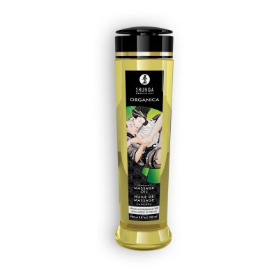 Frasco amarelo de óleo para massagem Shunga Organica com tampa preta e rótulo ilustrado