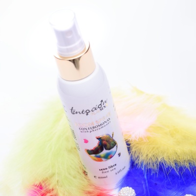 Frasco de spray branco e ouro rosado com texto e penas coloridas ao fundo