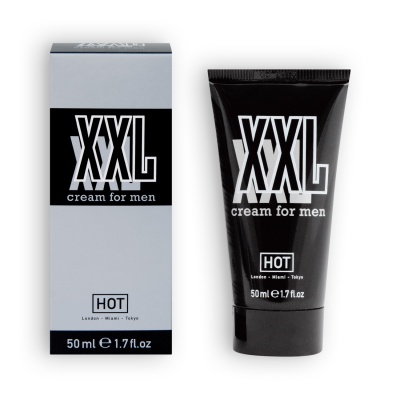 Creme para homens XXL em tubo preto com caixa cinzenta, texto branco