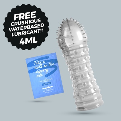 produto transparente texturizado com embalagem azul e selo preto com texto promocional