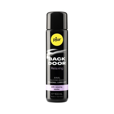 Frasco preto de lubrificante pessoal à base de silicone com rótulo preto, amarelo e branco