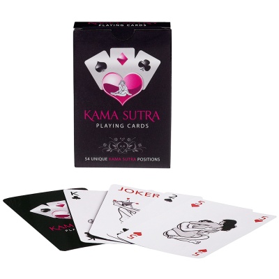 Jogo de cartas Kama Sutra com caixa preta e cartas ilustradas sobre fundo branco