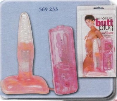 Plugue anal transparente rosa com comando remoto rosa e embalagem com texto e imagem de mulher