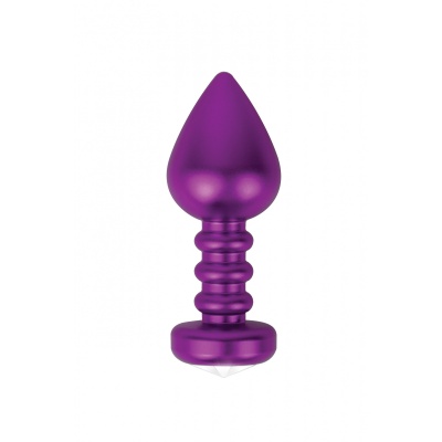 Plug anal metálico roxo com base larga e detalhe em pedra brilhante.