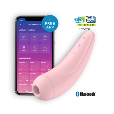 Dispositivo cor-de-rosa com botão junto a smartphone exibindo app Satisfyer e logótipos CES e Bluetooth.