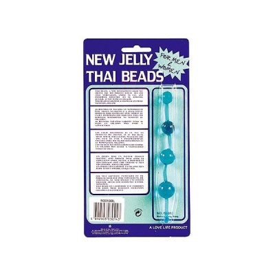 Embalagem com esferas em gel azuis chamadas New Jelly Thai Beads