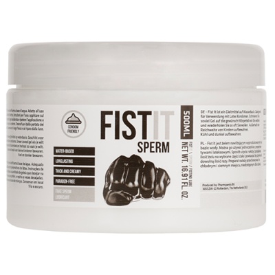 Frasco branco de lubrificante FIST SPERM 500ml com texto preto e ilustração de punho