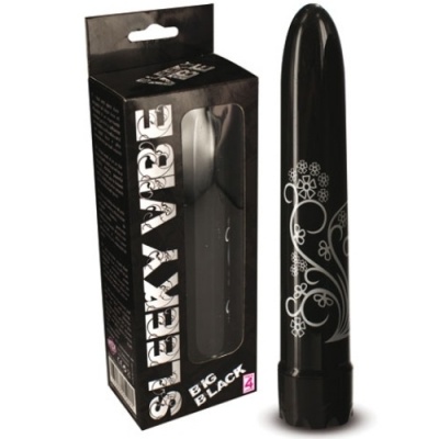 Vibrador preto com padrão branco e embalagem com texto SLEEKEY VIBE