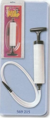 Bomba manual branca com tubo flexível na embalagem e fora dela