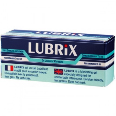 Embalagem de gel lubrificante LUBRIX azul e branca com texto em francês e inglês