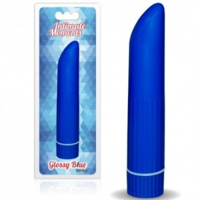 Vibrador azul brilhante embalado em blister com fundo azul geométrico