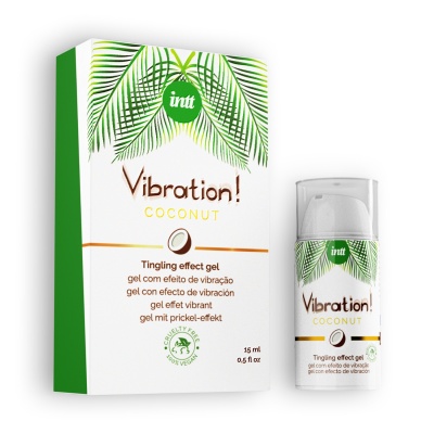 Gel efeito vibração intt Vibration! Coconut em frasco branco e caixa com folhas verdes