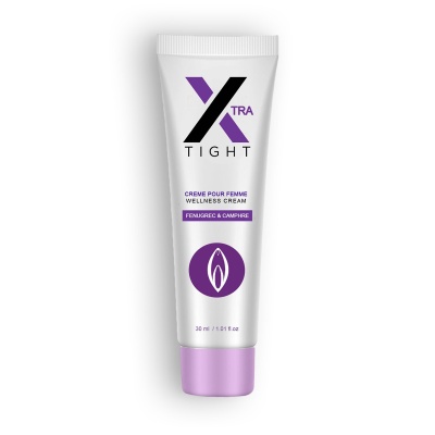 Frasco branco com tampa roxa e texto XTRA TIGHT Wellness Cream