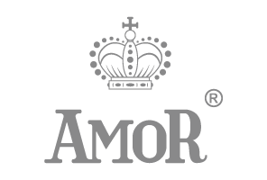 Logótipo preto AMOR com coroa real e símbolo registado