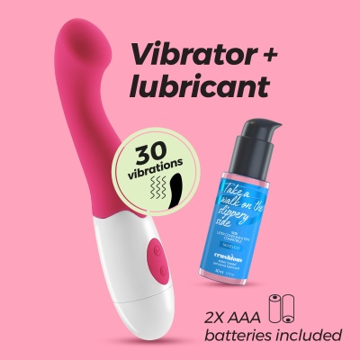 Vibrador rosa com base branca e lubrificante azul com texto