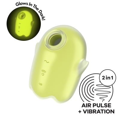 Dispositivo amarelo pequeno com texto 'Glows In The Dark' e '2 in 1 AIR PULSE + VIBRATION'