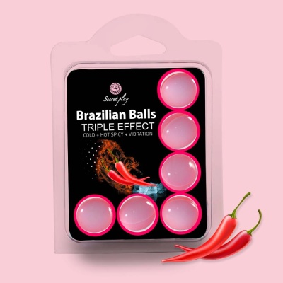 Embalagem com seis bolas brasileiras rosa em fundo preto com texto e imagem de pimenta