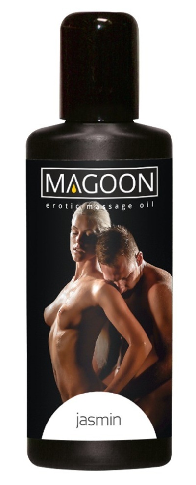 Frasco de óleo de massagem erótica MAGOON com aroma de jasmim e imagem de casal no rótulo