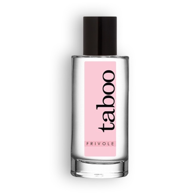 Frasco de perfume transparente com rótulo rosa e texto taboo FRIVOLE