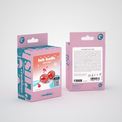Embalagem rosa e azul do produto lub balls hot & cold com duas bolas vermelhas na frente