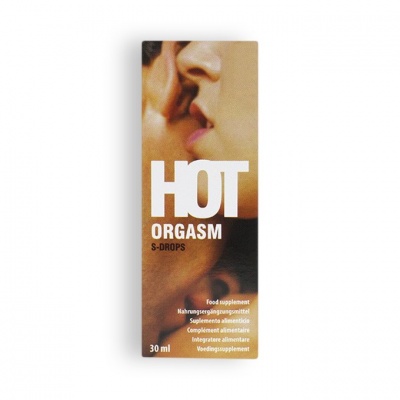 Embalagem com texto HOT ORGASM S-DROPS e imagem desfocada de rostos próximos