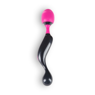 Vibrador curvo preto com cabeça rosa em silicone sobre fundo branco