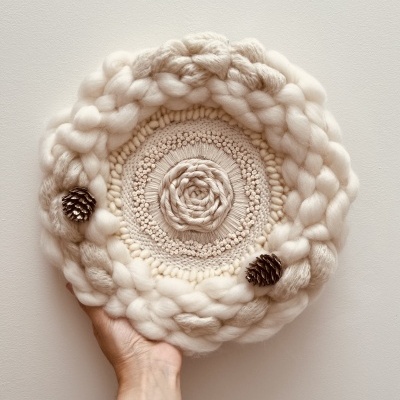 Prato decorativo redondo de lã bege com pinhas