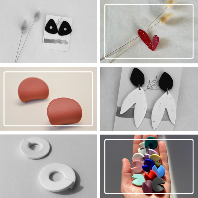 Seis pares de brincos em várias cores e formas geométricas sobre diferentes fundos