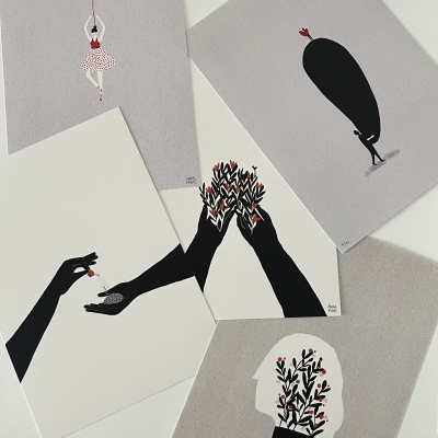 Ilustrações minimalistas em preto, branco, vermelho e cinza com figuras humanas estilizadas e elementos naturais.