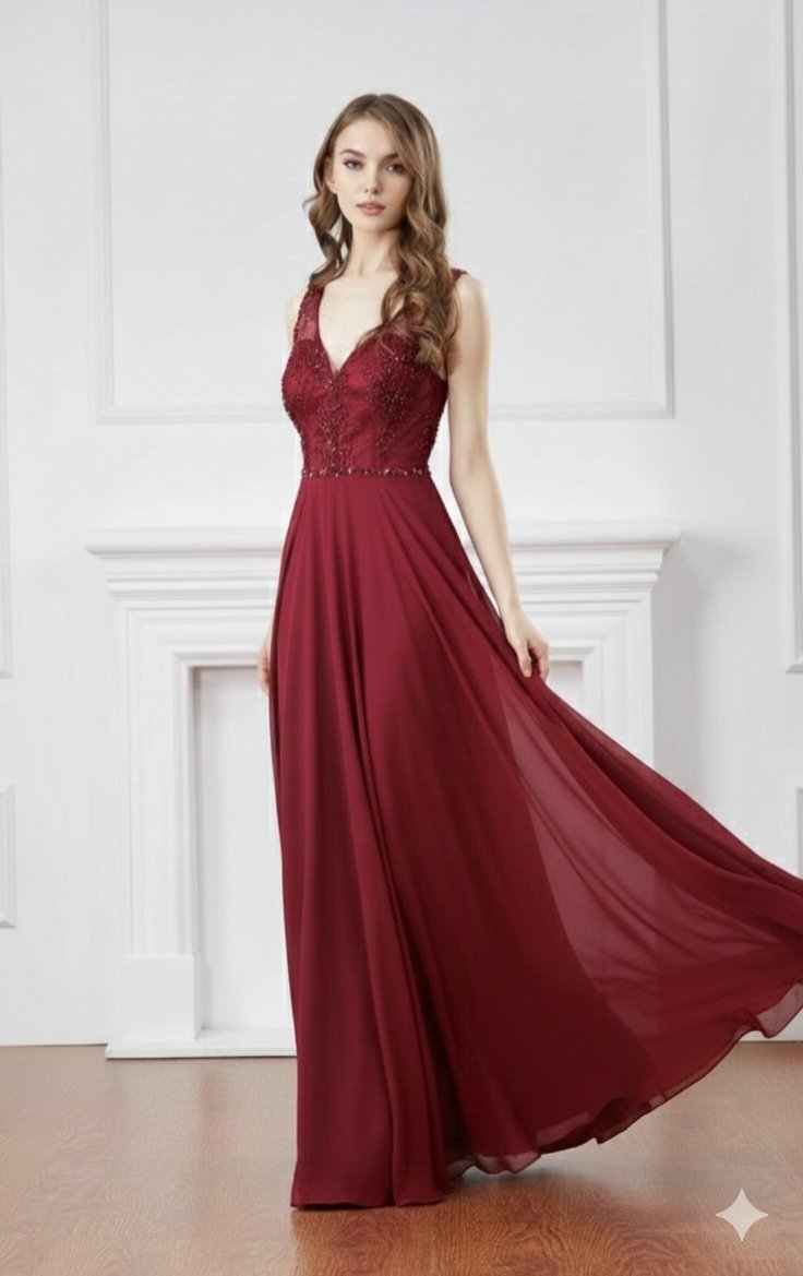 JMR8201 - Vestido Comprido Vestido longo vinho com corpete bordado em renda e saia fluída