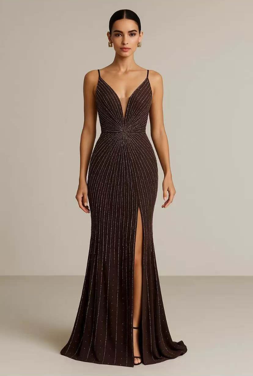 JMF512361 - Vestido Comprido Vestido longo castanho com brilho e abertura frontal