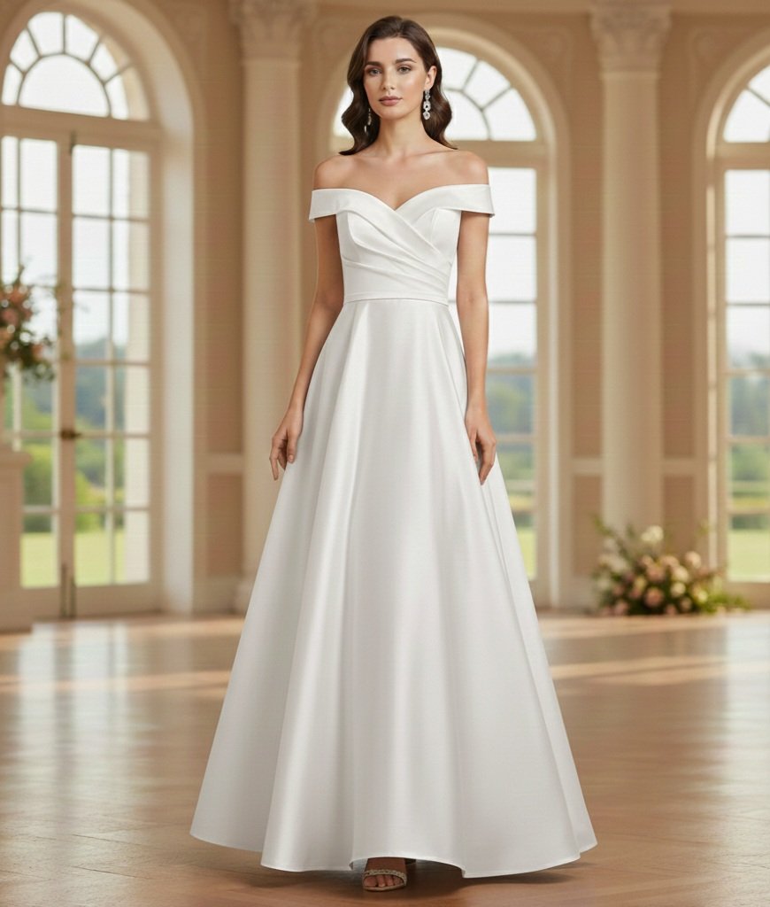 JMPK2548 - Vestido Comprido Vestido de noiva branco ombro a ombro com saia ampla num salão iluminado