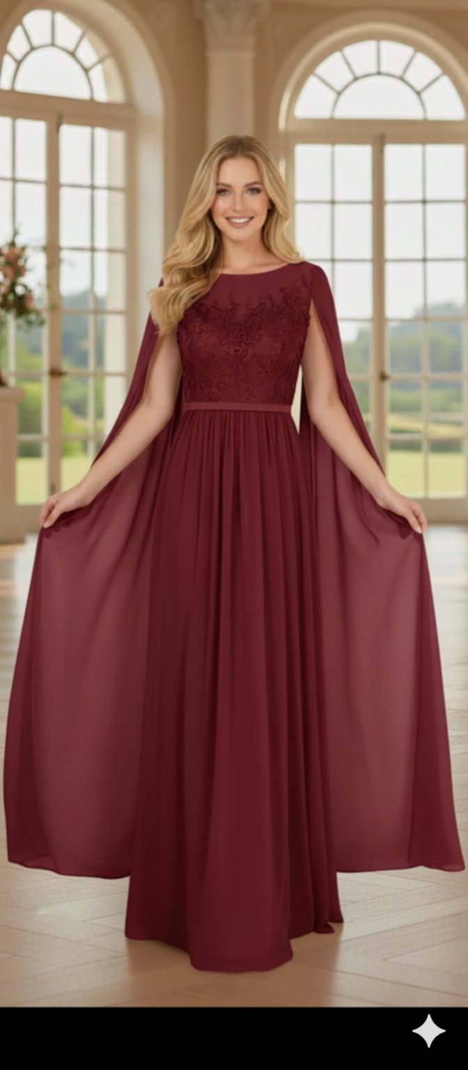 JMR8129 - Vestido Comprido Vestido longo vinho com bordados e mangas capa num ambiente interior luminoso
