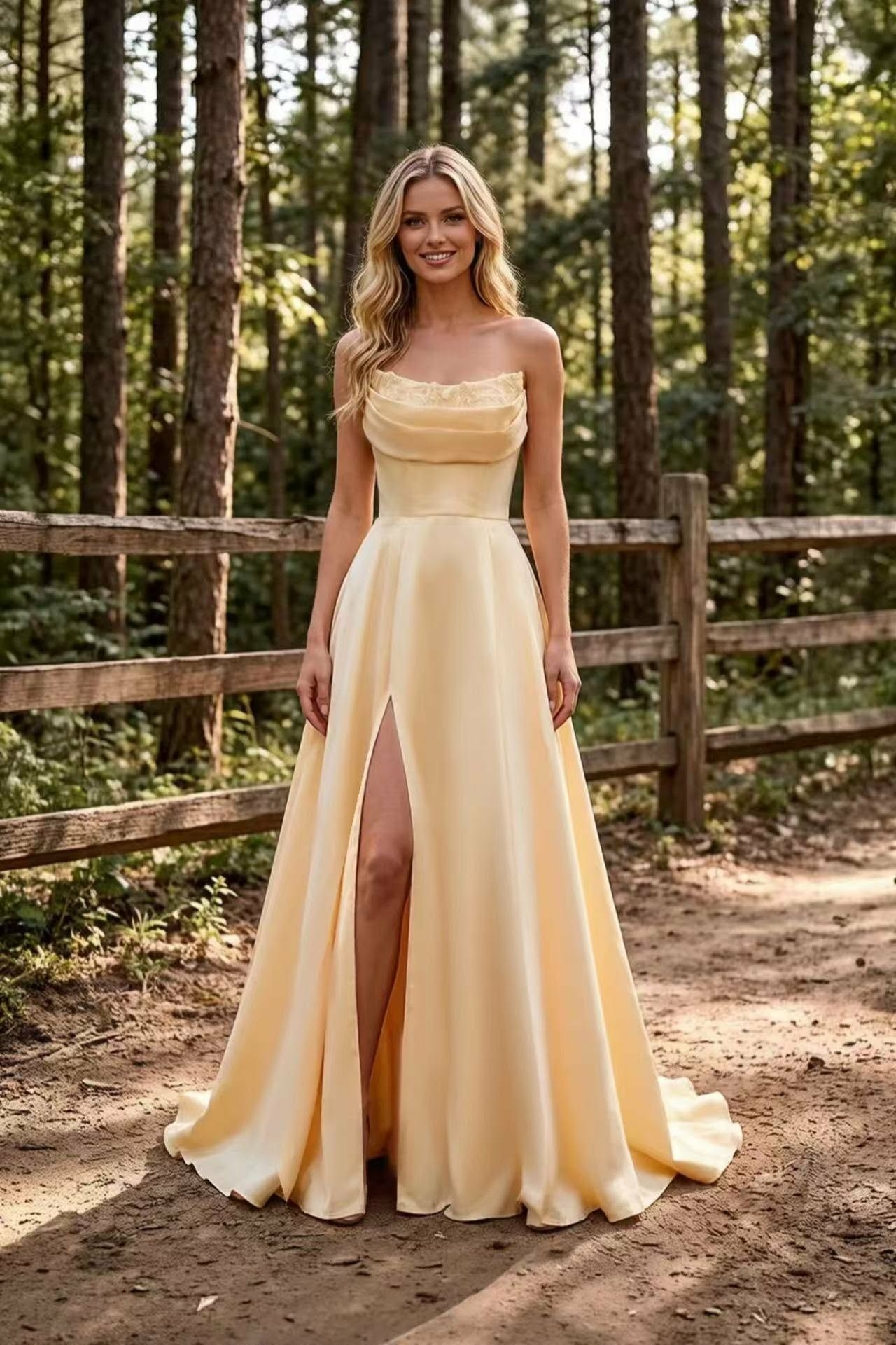JMPK25015 - Vestido comprido Vestido longo amarelo claro com renda e racha frontal, mulher loira em ambiente exterior com árvores.