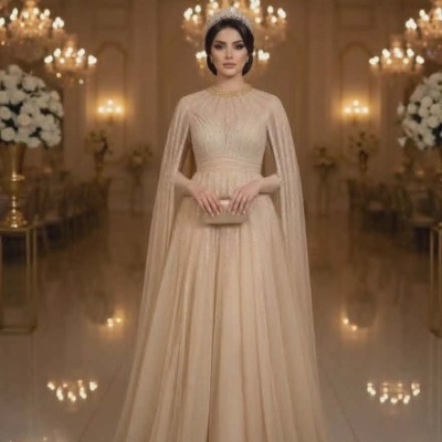 Vestido de cerimónia comprido cor champanhe com capa integrada e clutch dourada