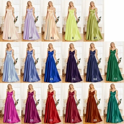 Vestidos compridos de festa em diversas cores satinadas com números associados.